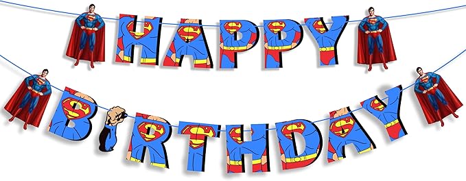Suprmn Happy Birthday Banner – Superhero Themed Birthday Party Decoration – Durable, Reusable, and Easy to Hang Banner for Birthday Parties – Perfect Party Supplies for Boys and Girls Celebration