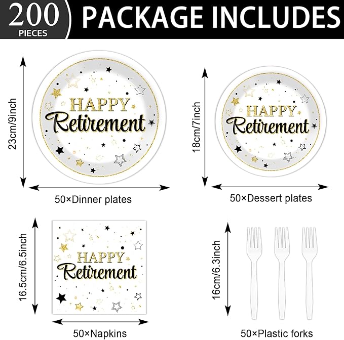 Qyeahkj 200PCS Retirement Party Supplies Happy Retirements Paper Plates Napkins Tableware Set White and Gold Disposable Dinnerware Retired Theme Decoration Favors for Women Men, Serve 50 Guests