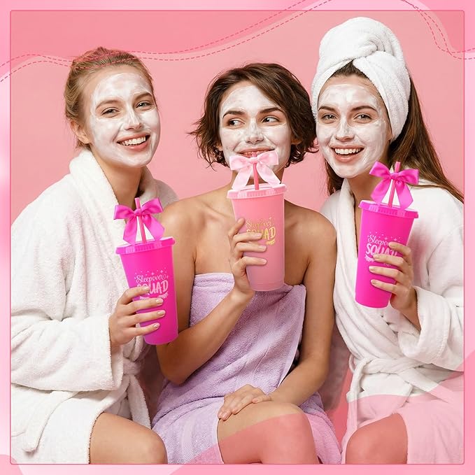 12 Pcs Sleepover Party Cups with Lids Straws and Bows 24 oz Plastic Coffee Tumbler for Spa Birthday Sleepover Party Supplies Girls