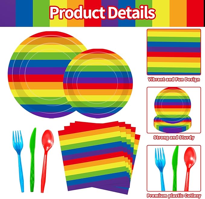 175 Pcs Rainbow Stripes Party Supplies Set - Serves 25, Colorful Disposable Plates, Cups, Napkins, Forks, Spoons, and Knives for LGBTQ+ Pride Month, Rainbow-Themed Birthday, Wedding Decorations