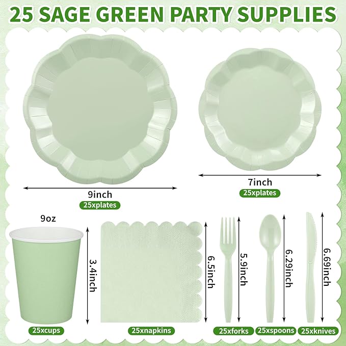175 Pcs Sage Green Plates and Napkins Set, 25 Guest Sage Green Party Supplies Include Scalloped Easter Plate Napkin Cup Forks Knives Disposable Plastic Cutlery for Wedding Baby Shower Birthday