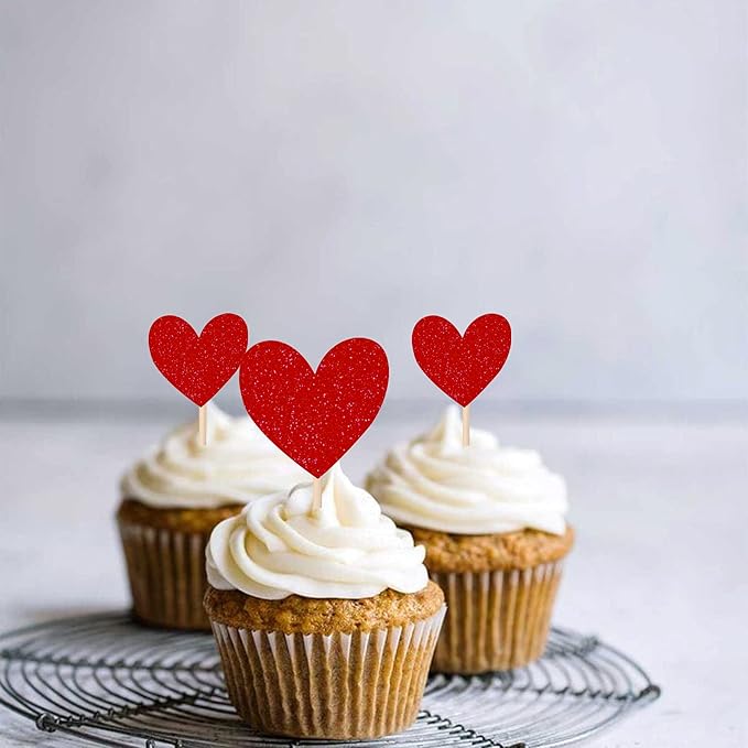 30 PCS Heart Cupcake Toppers Glitter Sweet Love Theme Cupcake Picks Wedding Engagement Bridal Shower Birthday Valentine's Day Party Cake Decorations Supplies Mixed Size Red