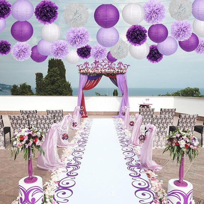zilue Purple Party Decorations, Paper Lanterns and Pom Poms Flowers for Birthday Party Baby Shower Bachelorette Decor Purple Pack of 15 Pieces