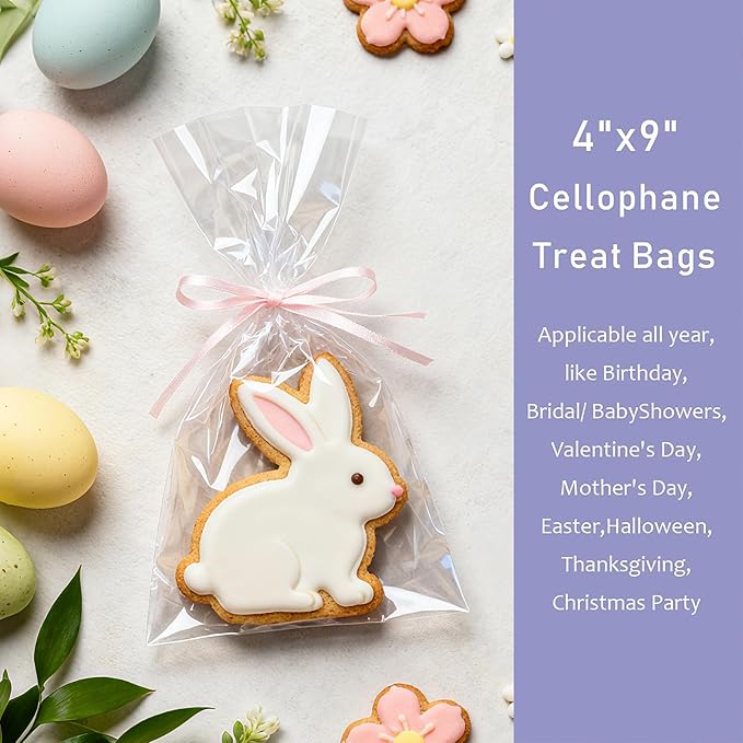 Yotelab Cellophane Treat Bags, 4x9 Inches Clear Cellophane Bags With Twist Ties,100 Pcs