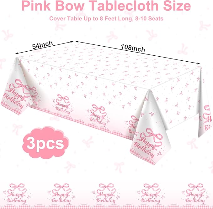 3 Pack Coquette Pink Bow Plastic Tablecloth, 54 X 108Inch Disposable Happy Birthday Table Cloth for Rectangle Tables Waterproof Table Cover for Girls Bridal Wedding Birthday Party