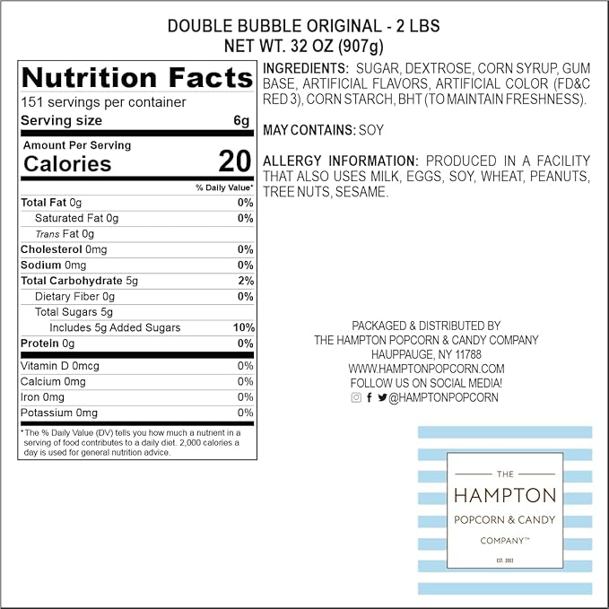 Dubble Original Bubble Gum - 2 Pound Bulk Bag (Approx. 140 Pieces) - Individually Wrapped Gum - The Hampton Popcorn & Candy Company (Original - Pink Gum)