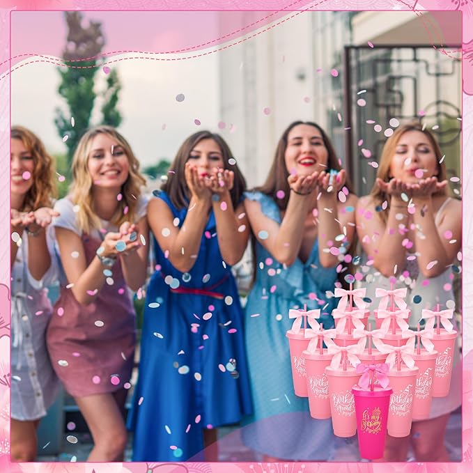 12 Pcs Birthday Party Tumblers, 24 oz Reusable Plastic Cups with Lids and Straws and Bows for Birthday Decorations Party Favor Pink