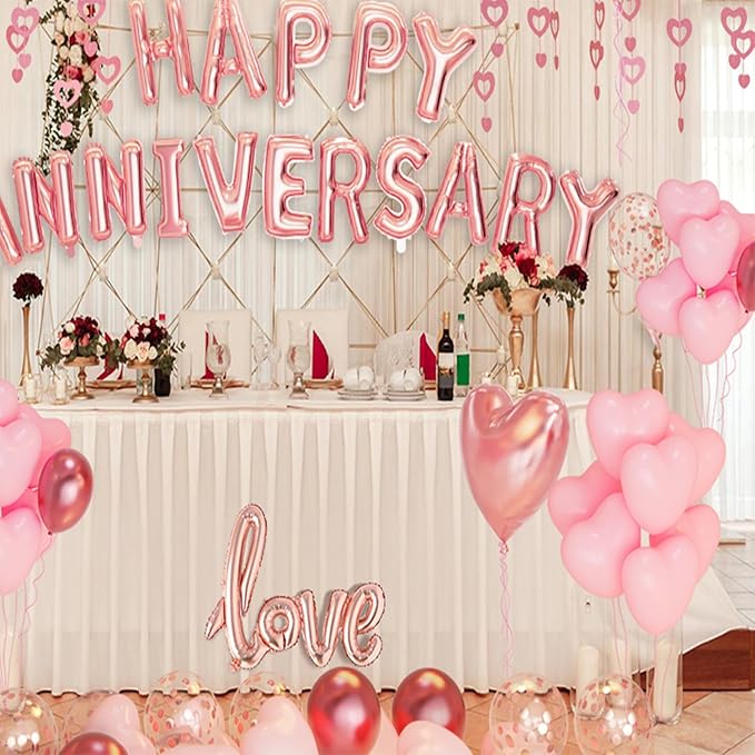 Anniversary Decorations, Happy Anniversary Balloons Banner, Pink Heart Balloons Heart Hanging String Pink Rose Petals for Wedding and Valentines Day Romantic