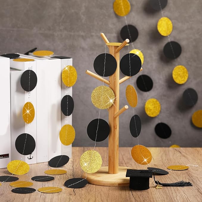Syhood 10 Pcs Party Decorations Paper Dot Circle Garlands Glitter Streamers Hanging Banner Decor for New Year Baby Shower Wedding Birthday Backdrop Supplies (Black and Gold)