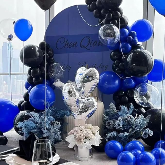 Blue Black and White Balloon Arch Kit, Navy Dark Royal Blue White Black Balloon Garland Kit with Metallic Silver Latex Balloons Explosive Star Foil Balloons for Graduation Gaming Birthday Party Decor