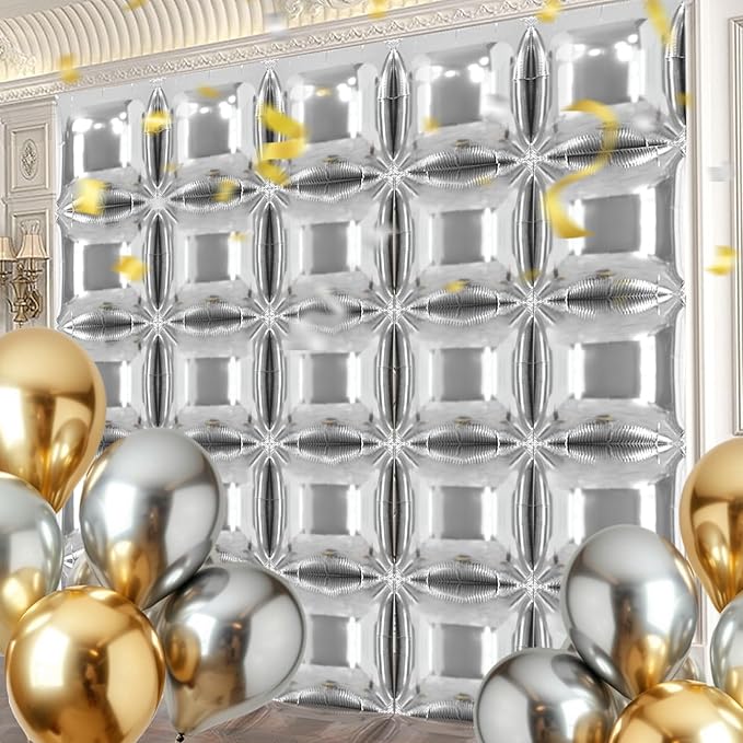 50PCS Metallic Silver Square Foil Balloon Wall,19'' Reusable DIY Mylar Double Silver Balloons Garland Tunnel Arch Kit for Baby Shower Anniversary Bachelorette Birthday Engagement Bridal Decor ﻿