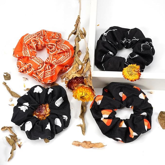 Halloween Hair Scrunchies for Women Girls Ghost Skeleton Candy Skull Hair Ties Fall Orange Bandana Hair Tie Halloween Party Gifts Elastics Scrunchy Hair Accessories