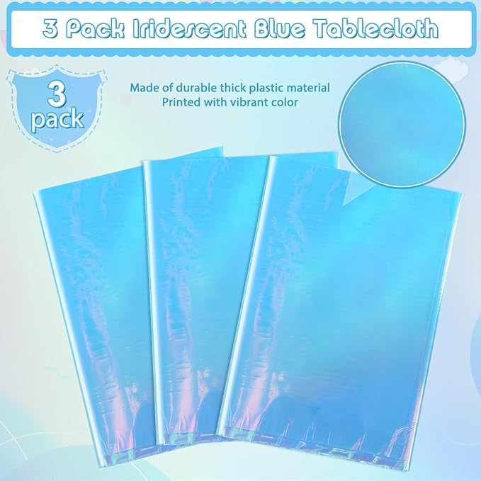 3 Pack Iridescent Blue Plastic Tablecloth, Shiny Blue Disposable Laser Rectangle Table Covers, Blue Holographic Foil Tablecloth Party Decorations for Birthday Bridal Wedding Christmas, 40 x 108 Inch