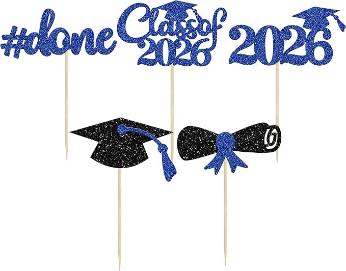 Gyufise 30Pcs Blue Glitter 2026 Graduation Cupcake Toppers Class of 2026 Graduation Done Cupcake Picks Grad Cap Diploma Cake Decorations for 2026 Graduation Theme Party Cake Decorations Supplies