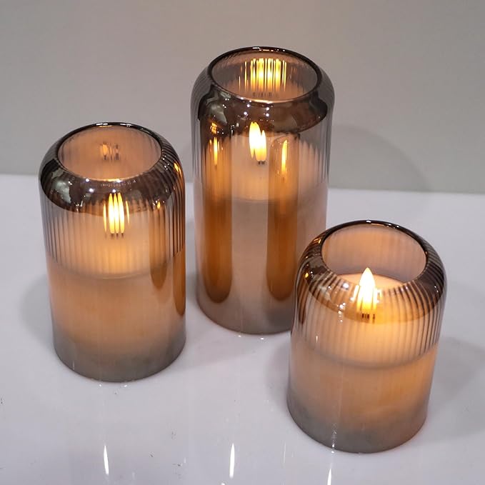 Black Glass Flameless Candles with Remote, Battery Operated Ribbed LED Pillar Candles Flickering Real Wax Candle, 3D Wick with Pumpkin Shape Set of 3 (Φ 3" H 4" 5" 6")