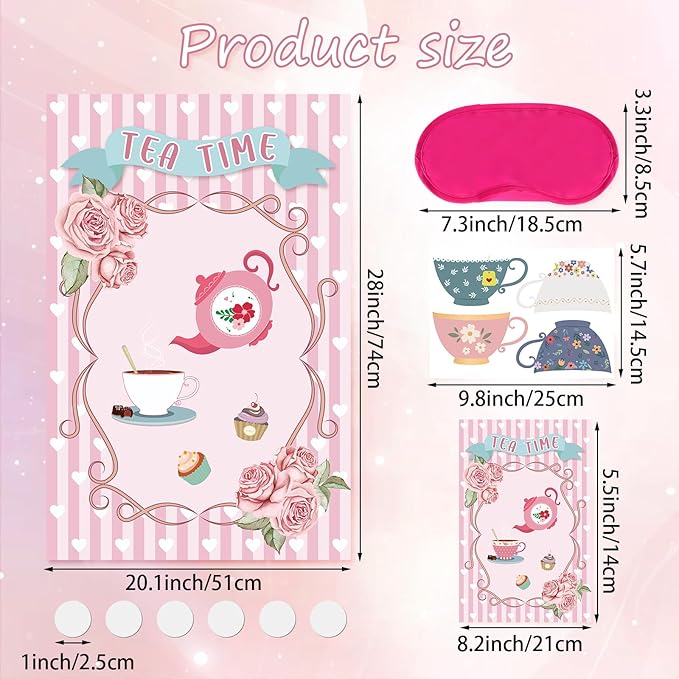 Hooqict Tea Party Games: Pin the Tea Cup on the Saucer, Large Decorations with 24 Cup Stickers for Girls' Birthday Party