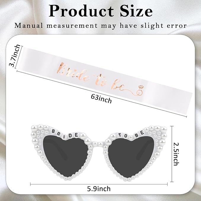 Bride to Be Set: Pearl-Trimmed Heart Sunglasses, Pearl BRIDE Sash & Tulle Veil - Bachelorette Party Bridal Accessories