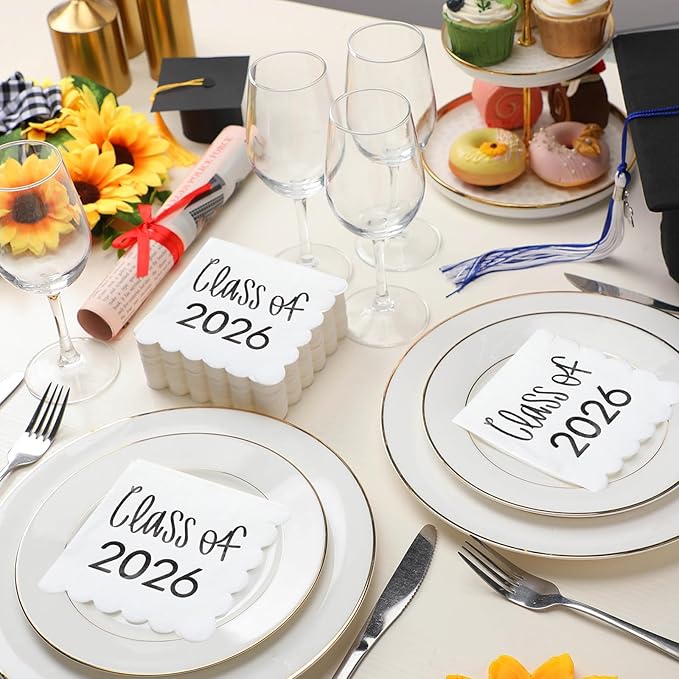 100 Pcs Class of 2026 Graduation Cocktail Napkins 5 x 5 Inch Congrats Grad Scalloped Paper Napkins for Dinner Beverage Graduate Decorations(Black)