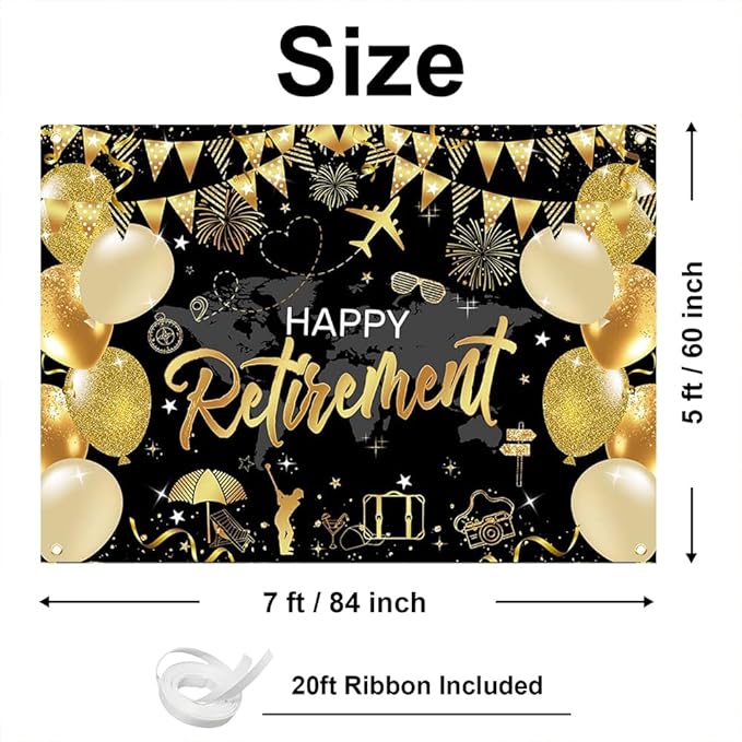 Mocsicka Happy Retirement Backdrop Pink Rose Gold Balloons Women Happy Retirement Banner Party Decorations Photo Booth Props (Black Gold, 7x5ft)