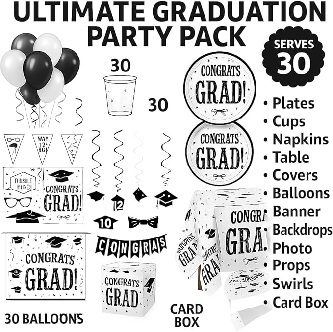 Oojami Graduation Party Supplies 2025 – Complete Set for 30 Guests with Plates, Cups, Napkins, Table Covers, Balloons, Photo Props, Banners & Card Box – Disposable Black & White Decor Kit