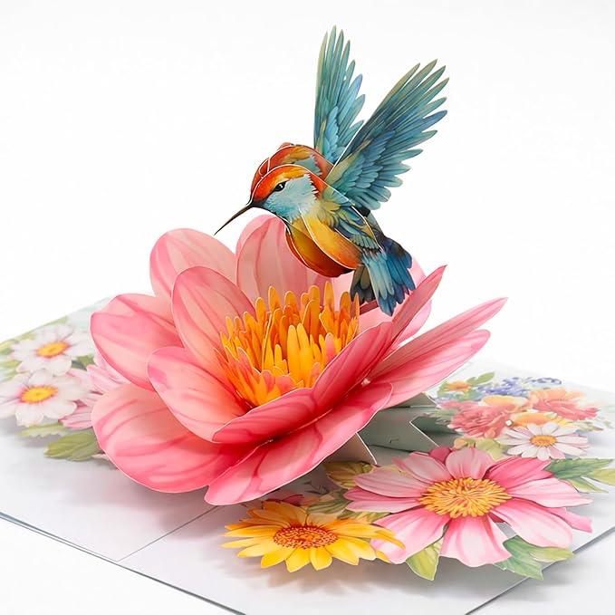 3D Hummingbird and Flower Pop Up Card, 3D Flower Greeting Pop-Up Card for Birthday, Anniversary, Thank You, Mother’s Day, Thinking of You, Nature Lovers Gift for Women and Mom