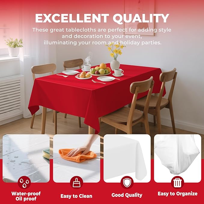6 Pack Premium Disposable Plastic Tablecloth 54" x 108" Party Table Cloths Disposable for 6 to 8 Foot Tables Indoor or Outdoor Parties Birthdays Weddings Christmas Anniversary Buffet Table (Red)