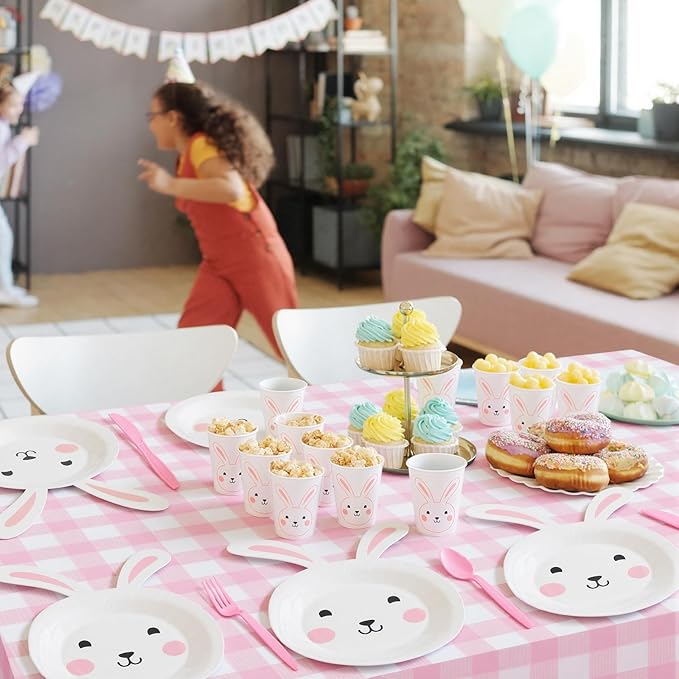 Qinyoung 147 Pcs Bunny Birthday Decorations Easter Tableware Party Supplies Some Bunny Is One Decorations Include Easter Party Plates Napkins Paper Cup Fork and Spoon Tablecloth, Serve 24 Guests