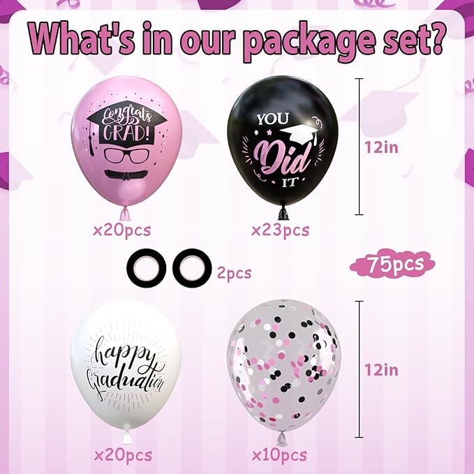OuMuaMua 75 Pack Graduation Party Decorations Balloons Set - 12 Inch Pink Black White Confetti Graduation Balloons with 2 Ribbons for Class of 2026 Congrats Grad Birthday Party Decor Supplies