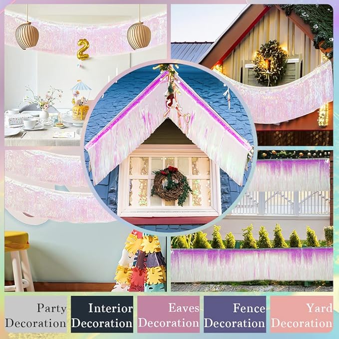 Premium Iridescent Fringe Tinsel Garland for Party Decorations -4 Layers Thick, 2 Pack | LILF Foil Metallic Tinsel Banner Party Streamers for Wedding Birthday Christmas Decoration