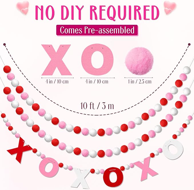 Breling 3 Pieces Valentine's Day Garland Felt Ball Garland, 10ft Pompom Valentines Decorations Banner for Mantle Fireplace Room Valentine Hanging Decor (Pink, XOXO)