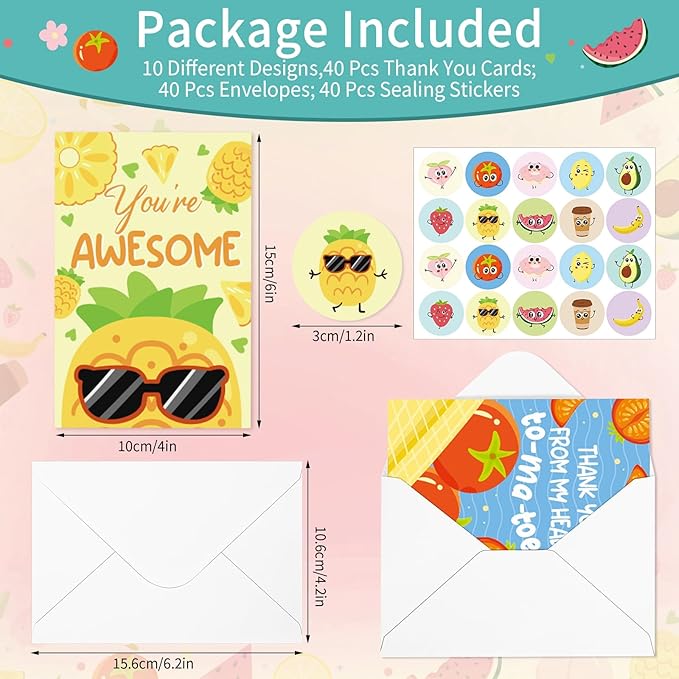 40 Pack Funny Thank You Cards with Envelopes & Stickers, 4×6 in Cute Thank You Card, Blank Cards Greeting Card for Kids Birthday, Wedding, Baby Shower, Easter, Graduation, Mother's Day