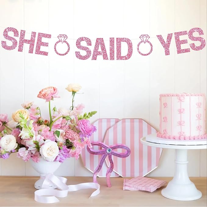 Glitter Pink She Said Yes Banner Pre-Strung Engagement Decorations Bridal Wedding Party Sign Valentine's Day Garland Bachelorette Party Decor,NO DIY