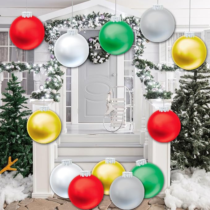 10 PCS Outdoor Decorations, 11 Inch Inflatable Christmas Balls, Festive Ornaments for Front Door Yard, with Pump (Red, Green, White, Gold, Silver)