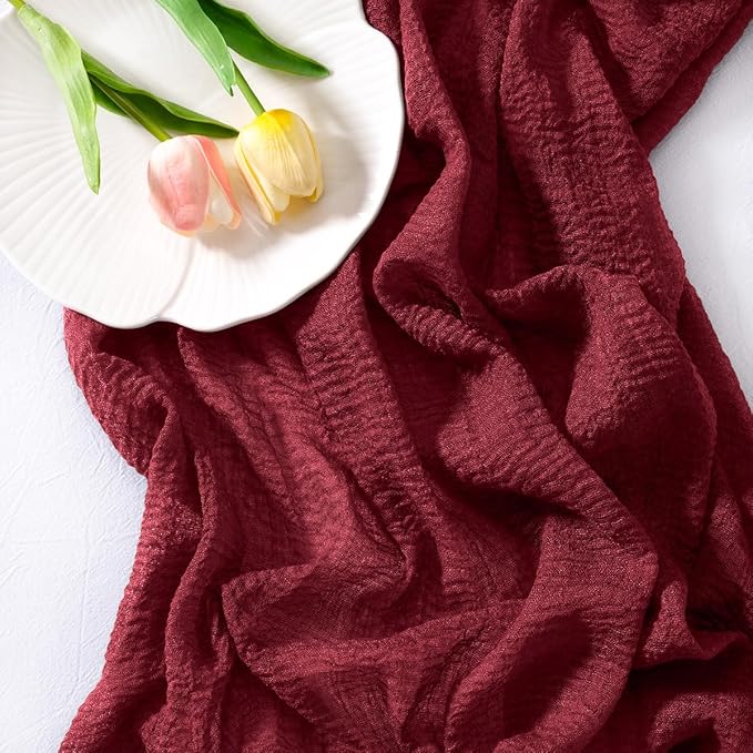 Socomi 3pcs Burgundy Gauze Cheesecloth Table Runner 120 Inch Rustic Boho Cheese Cloth Runner for Wedding Party Baby Bridal Shower Centerpiece Decoration Holiday Home Decorations