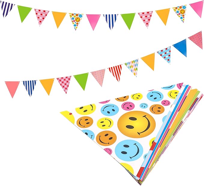 Colorful Paper Flag Banner, 24 Pcs Triangle Banner Birthday Garland with 32.8ft Ribbon, Smiley Face Pennant Flags for Kids Party, Nursery, Preschool Classroom Wall Decorations