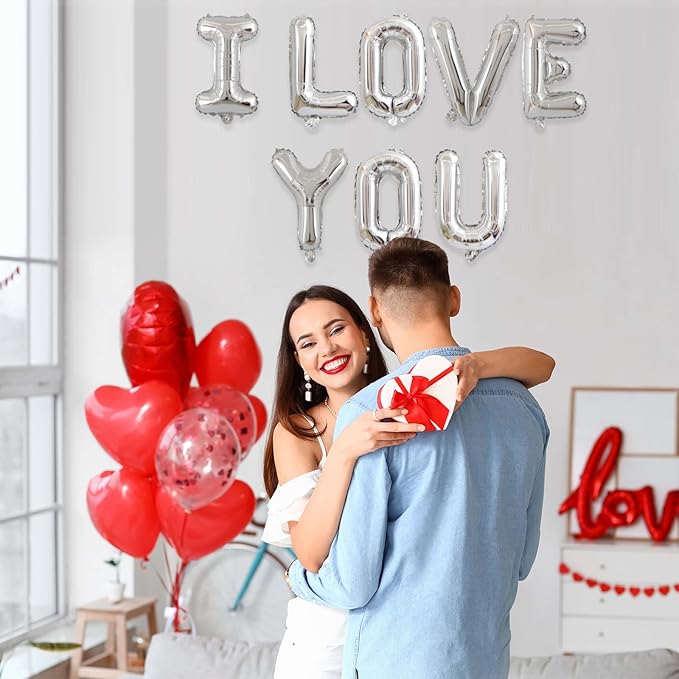 2 Set 16Pcs Silver I LOVE YOU Letter Balloons 16in Balloon Foil Letter Decorations Party Decor Silver Letter Balloons I LOVE YOU Party Supplies