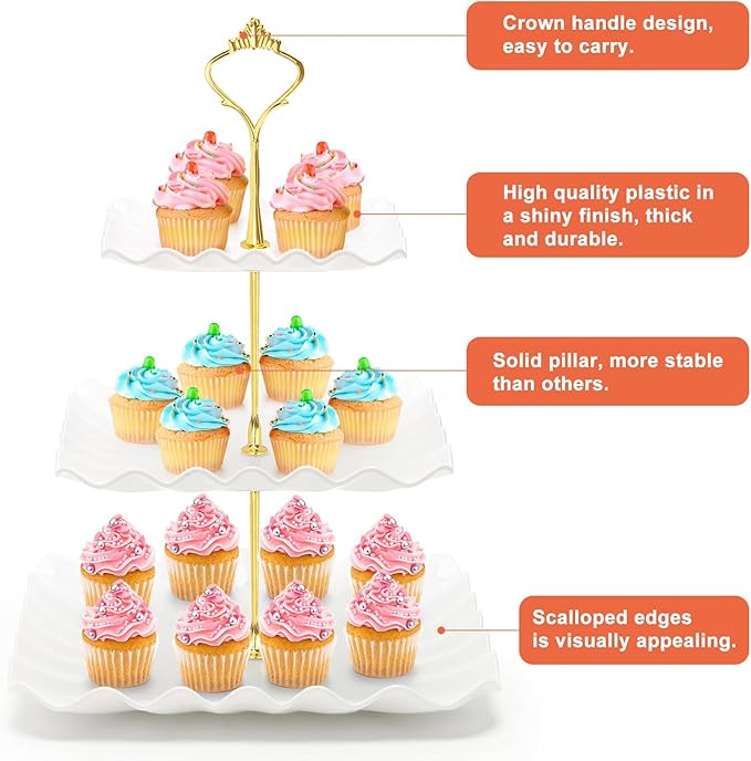 Coitak 3 Tier Cupcake Stand, Plastic Tiered Serving Stand, Square Dessert Tray for Tea Party, Birthday and Wedding (Pure White)