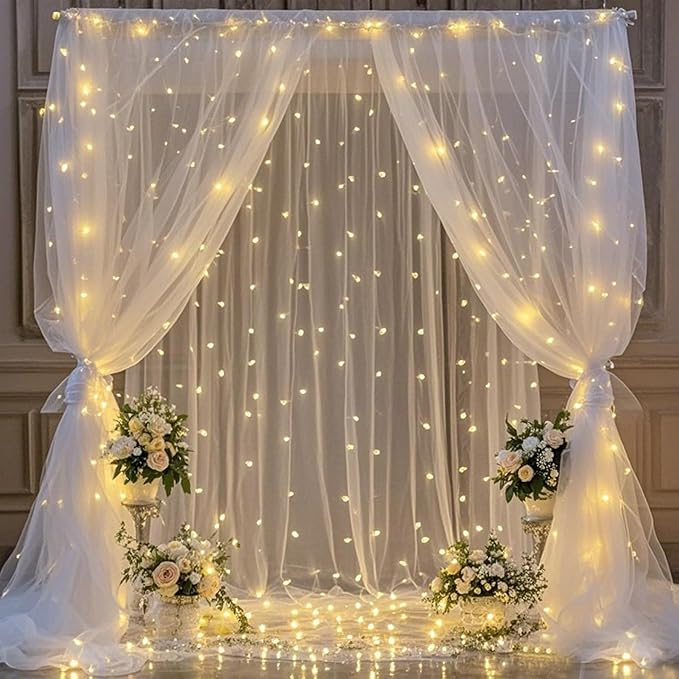 White Tulle Backdrop Curtain with Lights, Elegant Sheer Photo Backdrop Drapes, Soft Fabric Curtain for Weddings Brithday Parties Photography Background Decor, 10ftx8ft