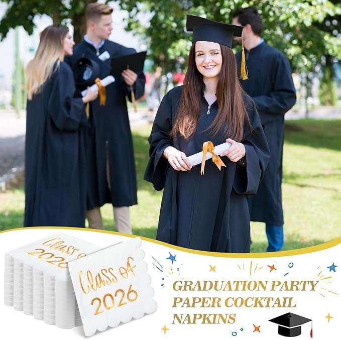 100 Pcs Class of 2026 Graduation Cocktail Napkins 5 x 5 Inch Congrats Grad Scalloped Paper Napkins for Dinner Beverage Graduate Decorations(Orange)