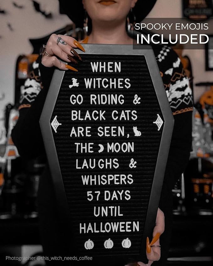 Nomnu Coffin Letter Board Black +3D Bat Stickers +650 Characters, Spooky Seasonal Emojis, Wooden Stand - 17x10.5 Inches - Coffin Shaped Goth Decor Sign Halloween Decorations Gothic Decor Birthday Home Spooky Gifts