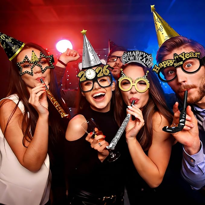 POILKMNI 92 Pcs New Years Eve Party Supplies - New Years Headbands, NYE Hats and Noisemakers for 46 People, Plastic Party Favors, Cone Hats, Horns, Glasses