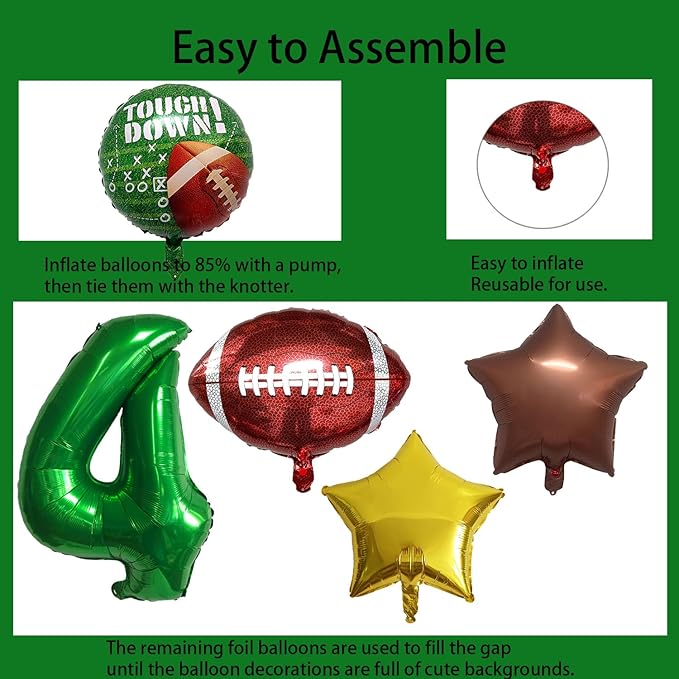 Football Balloons Foil Football Birthday Decorations Balloons Green Number 4 Balloon Gold Brown Star Touchdown Ballons for Rugby Birthday Decorations Sports Ballons Arch Kits Party Balloon Sets 9pcs