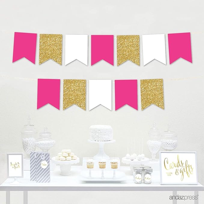 Andaz Press Hanging Pennant Banner with String, Fuchsia, White, Faux Gold Glitter, 1-Set, 24 Pennants, Approx. 12-Feet Long, Bachelorette Party