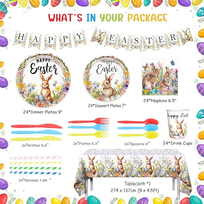 Easter Party Supplies, Happy Easter Party Tableware Set, Happy Easter Banner, Bunny Paper Plates Napkins Cups for Easter Spring Party Decorations