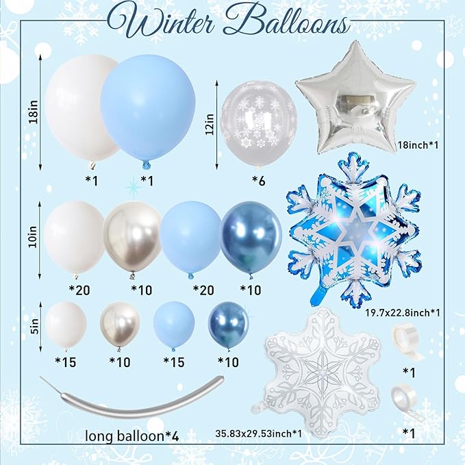 Winter Wonderland Balloon Arch Garland Kit, Baby Blue and White Balloons with Snowflake Star Foil Balloons for Ice Wonderland Christmas Baby Shower Princess Theme Birthday Party Decorations Supplies