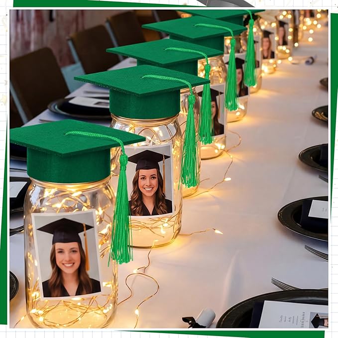 Boao 16 Sets Graduation Table Decoration Set with LED Light up Graduation Decorations for Class of 2026, Grad Jar, Felt Grad Hat and Stickers for High School College(Green,Vivid)