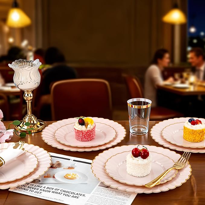 YOUBET 350PCS Pink Scalloped Plastic Plates - Pink and Gold Disposable Dinnerware Set Include 100 Plates, 150 Gold Silverware, 50 Cups, 50 Napkins for Wedding & Party Easter Mothers Day