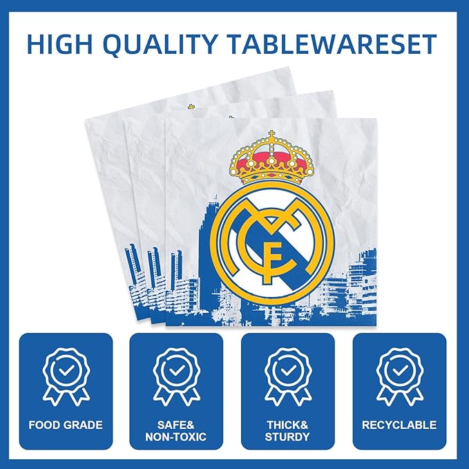 141pcs Real-Madrid Birthday Tableware Decorations Party Plates Cups Soccer Theme Napkins Beach Ball Tablecloth for Soccer Party Decoration (Real)