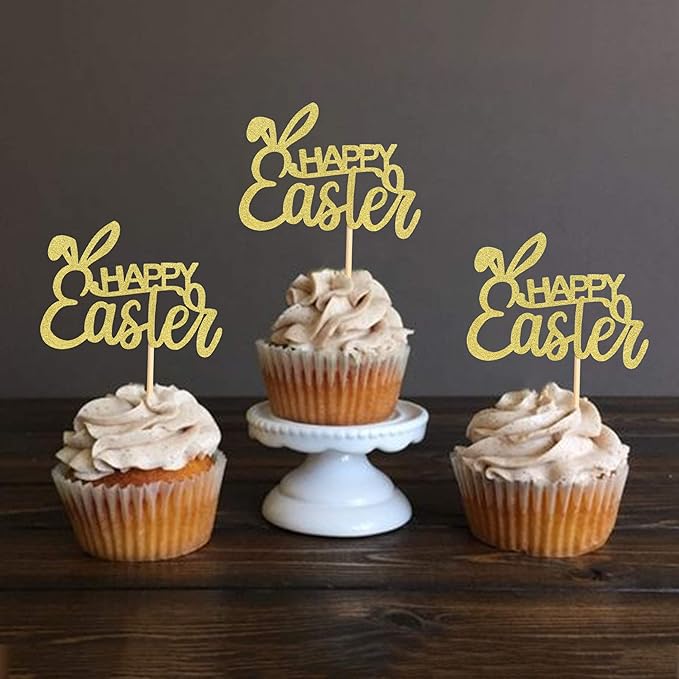 Ercadio 36Pcs Glitter Golden Happy Easter Cupcake Toppers Rabbit Happy Easter Bunny Cupcake Picks for Easter Day Theme Baby Shower Easter Birthday Wedding Anniversary Party Cupcake Decorations
