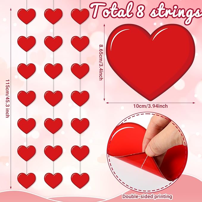 Capoda 8 Pcs Valentines Heart Garland Decorations Burgundy Red Heart Garland Banners Hanging Decor for Sweet Day Birthday Party Wedding Anniversary Party Supplies